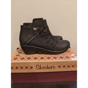 Skechers Boots Womens Size 8 Black Jumper BBK Memory Foam Ankle Zip Ruched Shoes